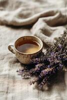 Herbal tea cup and lavender flowers photo
