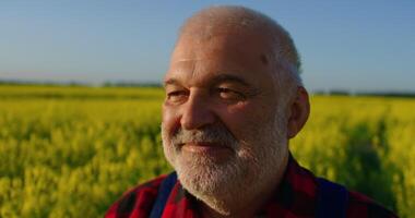 Portrait Of Happy Caucasian Farmer Smiling When Looking Around In Agricultural Fields In Summer video