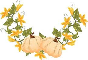 round decorative autumn frame in the shape of a wreath with green leaves, yellow pumpkin flowers and two round white pumpkins, for decorating autumn cards, food designs or other designs vector