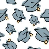 Seamless pattern with graduation cap icon, combining line art style and abstract color spots arranged randomly, for school print, textile or other various designs vector