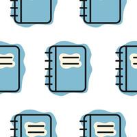 Pattern with a school blue notebook icon, combining line art style and abstract color spots, for school print, textile or other various designs vector