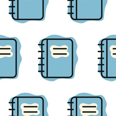 Pattern with a school blue notebook icon, combining line art style and abstract color spots, for school print, textile or other various designs