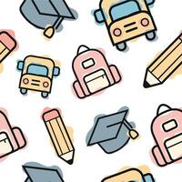 Seamless pattern of various icons and symbols on the school theme, combining line art style and abstract color spots arranged randomly, for school print, textiles or other various designs vector