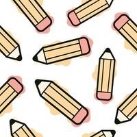 seamless pattern with stationery icons, namely a yellow pencil, combining line art style and abstract color spots arranged randomly, for school printing, textiles or other various designs vector