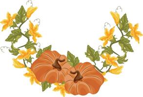 round decorative autumn frame in the shape of a wreath with green leaves, yellow pumpkin flowers and two round orange pumpkins with brown tails, for decorating autumn cards vector
