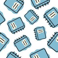 Seamless pattern with a school blue notebook icon, combining line art style and abstract color spots arranged randomly, for school print, textile or other various designs vector