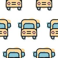 Pattern with a yellow school bus icon, combining line art style and abstract color spots, for school print, textile or other various designs vector