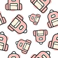 Seamless pattern with pink school backpack icon, combining line art style and abstract color spots arranged randomly, for school print, textile or other various designs vector
