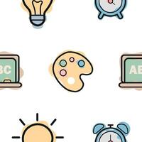 pattern of various icons and symbols on the theme of school and school supplies, combining a line art style and abstract color spots, for school print, textiles or other various designs vector