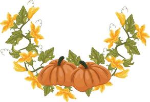 round decorative autumn frame in the shape of a wreath with green leaves, yellow pumpkin flowers and two round orange pumpkins, for decorating autumn cards, food designs or other designs vector