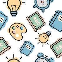 Seamless pattern of various icons and symbols on the theme of school and school supplies, combining line art style and abstract color spots arranged randomly, for school print, textiles vector