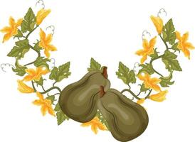 round decorative autumn frame in the shape of a wreath with green leaves, yellow pumpkin flowers and two long green pumpkins, for decorating autumn cards, food designs or other designs vector