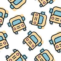 Seamless pattern with a yellow school bus icon, combining line art style and abstract color spots arranged randomly, for school print, textile or other various designs vector
