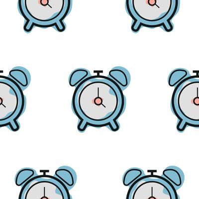 Pattern with a blue school alarm clock icon, combining line art style and abstract color spots, for school print, textile or other various designs