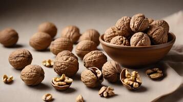 Walnuts in a bowl and scattered on a table, some cracked open, studio shot photo