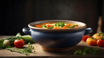 Steaming Vegetable Soup in Rustic Blue Bowl photo