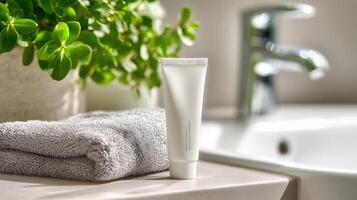 Elegant skincare product with fresh and clean essence, evoking sense of rejuvenation and well being ready for day ahead photo