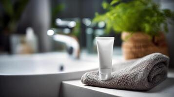 White tube of face cream resting on soft towel gives fresh and clean impression, suggesting soothing and revitalizing skincare routine photo