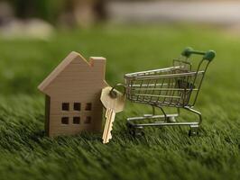 Small wooden house model with key attached to it and miniature shopping cart placed on green grass, symbolizing real estate, home ownership, or property shopping, with blurred outdoor background photo