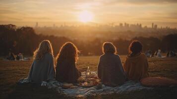 Four friends sitting on ground facing away, enjoying peaceful sunset and city skyline view from grassy hill. Relaxing outdoors together, capturing moment of serene freedom photo