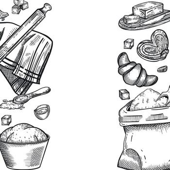Making dough, a frame of cooking objects. A bag of flour, a bowl of dough, a rolling pin, a tablecloth, a croissant, a sweet bun, butter, sugar cubes, an egg. For printing on fabric and paper vector