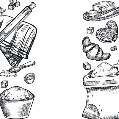 Making dough, a frame of cooking objects. A bag of flour, a bowl of dough, a rolling pin, a tablecloth, a croissant, a sweet bun, butter, sugar cubes, an egg. For printing on fabric and paper