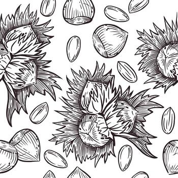 sin costura modelo. avellana, avellana con hojas y nuez sin caparazón. todas objetos son dibujado a mano con tinta. para impresión en cocina textiles. vajilla, etiqueta diseño, embalaje. vector