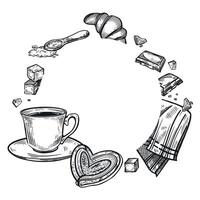 A round frame on the theme of a coffee shop, a cup of coffee, a sweet bun, croissants, a tablecloth, sugar cubes, chocolate slices. illustration. Suitable for printing on food packaging, design vector