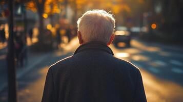 elderly man walking at sunset in city street photo