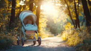 baby sleeping peacefully in stroller on forest path photo