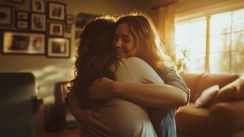warm embrace of two women in a sunlit room photo