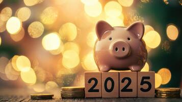 piggy bank on 2025 blocks with coins and festive lights photo