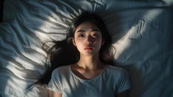 young woman lying in bed serene and peaceful photo
