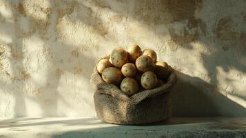 rustic burlap sack of potatoes photo