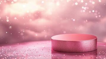 pink glitter podium on sparkling background photo