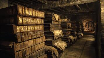 ancient library stacks in stone cellar photo
