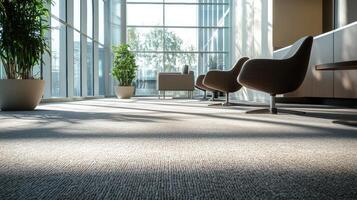 modern office lobby with comfortable seating and natural light photo
