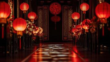 red lanterns illuminate elegant chinese wedding aisle photo