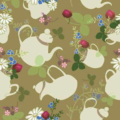 Pattern of wildflower tea collection, olive green version, teapots, cups and wildflower pattern.