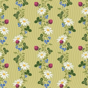 Pattern of wildflower tea collection, olive green version, vertical growing trailing wildflower pattern on winding stripes background. vector