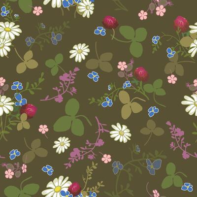 Pattern of wildflower tea collection, olive green version, colorful wildflower bouquets and scattered flowers, leaves, twigs pattern on dark army green background.