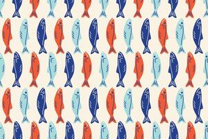 La dolce vita seamless pattern. Retro Mediterranean fishes. Sea background in Italian sicily style. Sardines silhouette. Doodle Hand drawn Seafood for print, wall art, interior, menus, cafe. vector