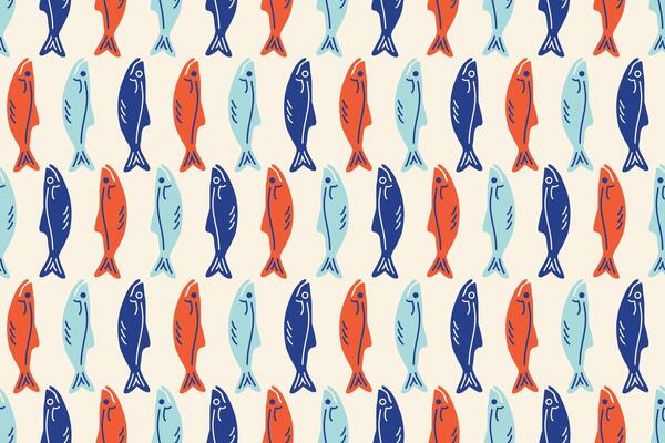 La dolce vita seamless pattern. Retro Mediterranean fishes. Sea background in Italian sicily style. Sardines silhouette. Doodle Hand drawn Seafood for print, wall art, interior, menus, cafe.