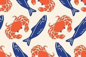 Mediterranean fish and crab. La dolce vita color doodles seamless pattern. Doodles Sardines with Crustacean. Hand drawn Seafood for print, wall art, interior decor, menus, cafe, restaurant. vector