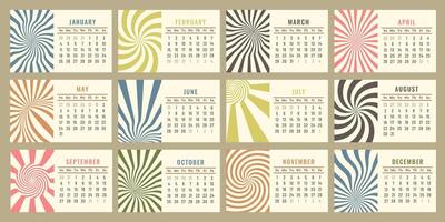 Horizontal Calendar 2026 in retro style by 60s, 80s, 70s. Groovy spiral rays, distorted pattern. Printable monthly planner for wall or desk. Sunday start. Vintage template. vector