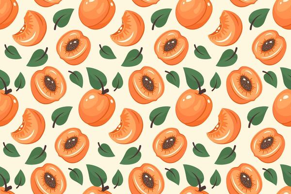 Apricot Seamless pattern. Fruits background. Fresh ripe apricot slices, leaves. Repeatable texture with whole juicy vitamin. illustration for print, for wallpaper, textile, print, packaging