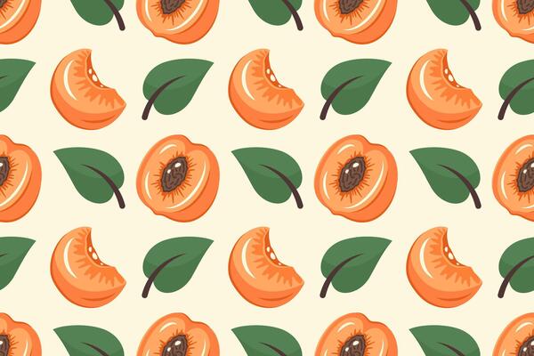 Fruit Seamless pattern. Apricot background. Fresh Apricot half with pit inside and whole fruit with leaf. Repeatable texture with whole juicy vitamin. illustration for wallpaper, print, textile