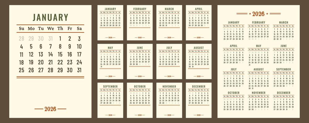 Calendar 2026. Retro Calendar daily planner. Vertical Business layout for print. Pages template for business, printable wall, monthly, desktop calendar. Week starts on Sunday. flat illustration
