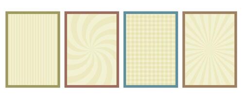 Groovy posters set. Retro backgrounds with twisted lines. Psychedelic art. Vintage design with circle elements, checker, distorted wavy lines. Abstract texture. flat illustration vector