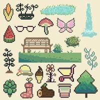 Colorful pixel art garden elements vector